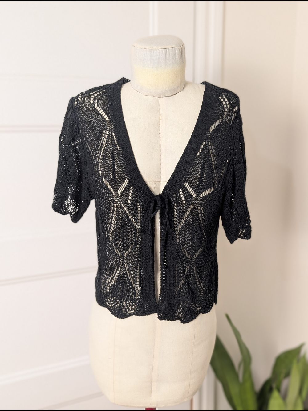 Simons Twik Black Openwork Knit Tie-Front Cardigan